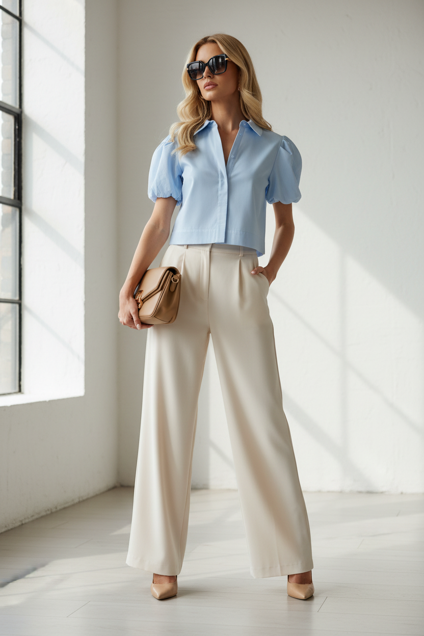 Lookbook baby blue bluzka + szerokie spodnie